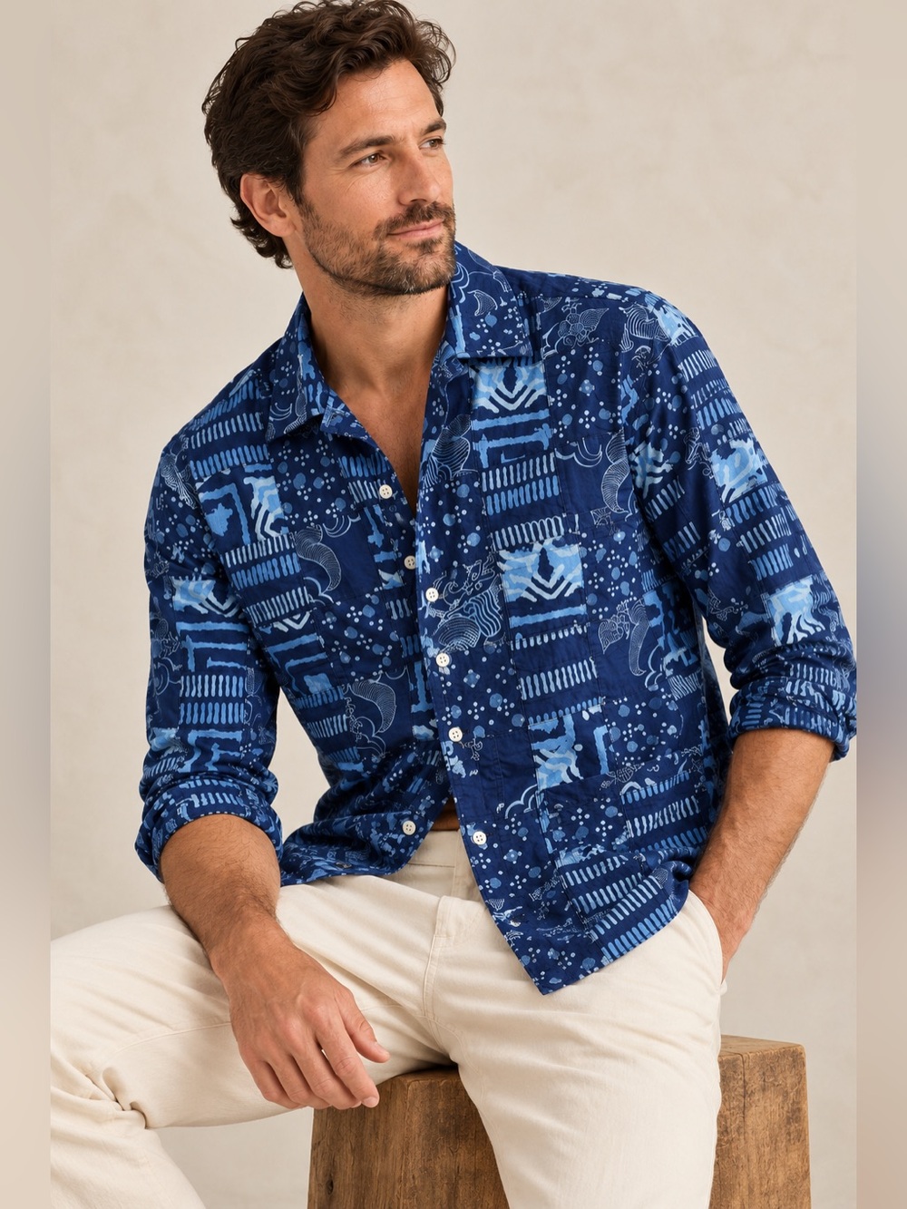 J. Crew Indigo-dyed madras patchwork camp-collar shirt Size Large